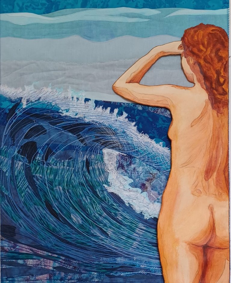 Slunce - Sonne, Acrylmalerei auf Evolon, Batikstoff und intensives Maschinenquilten