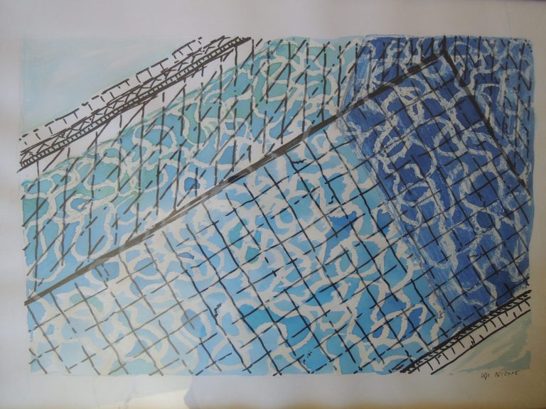 Inspiriert durch David Hockney, mein Aquarell ist mittels Wachsreservetechnik entstanden